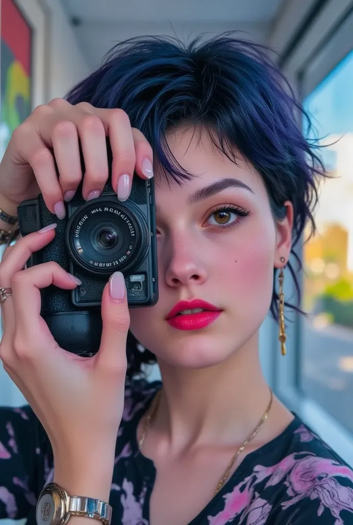 beautiful hands, transparent nails, glossy nails, a girl with short hair that looks like a boy, black hair, detailed eyes, nose, lips and, in simple clothes, holding a camera in one hand, the other hand near her face.camera (highest quality, 4K, 8k, high r...