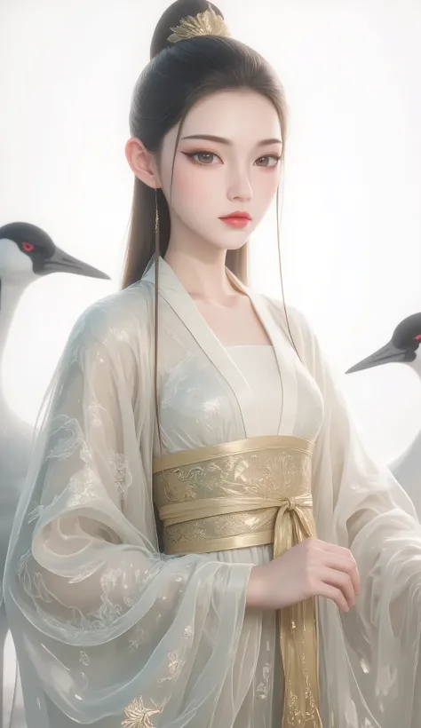a girl, Ancient Chinese clothing, full body, sunshine, Clear face, Clean White Background , masterpiece, super detailed, Epic Composition, Ultra HD, high quality, Extremely fine, Official Art , Clear 8k Wallpaper , super detailed, 32K,CG,crane girl...