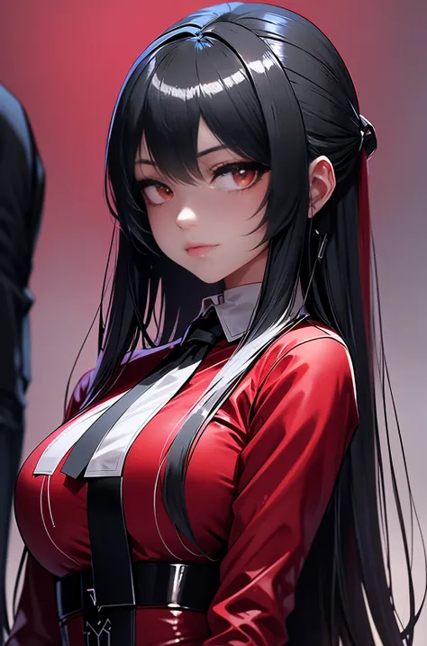 drawings of an anime girl in a red shirt and a black tie are taking pictures., By Yang J, extremely detailed Artemerm,  Rin Tosaka , Artemerm jsc, Guweiz style art,  beautiful digital art , Artemerm.  high profile, range murata and Artemerm, style Artemerm...