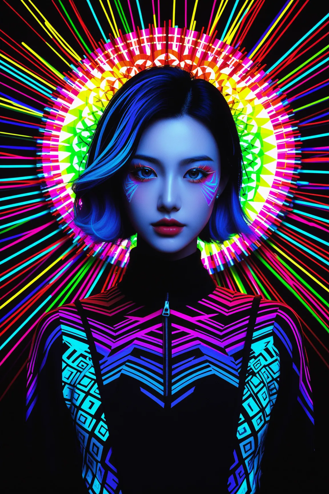 Expressionist artwork image of a kpop idol, portrait, korean woman, colorful, color splash, neon colors, make it weird and gallery worthy, psychedelic, 60s, trippy, robot girl, 