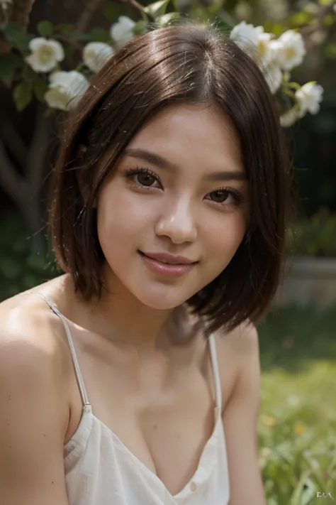 Korean woman in the grass is posing barefoot and has a white body short haircut se shoulders and a brownish white dress with short sleeves