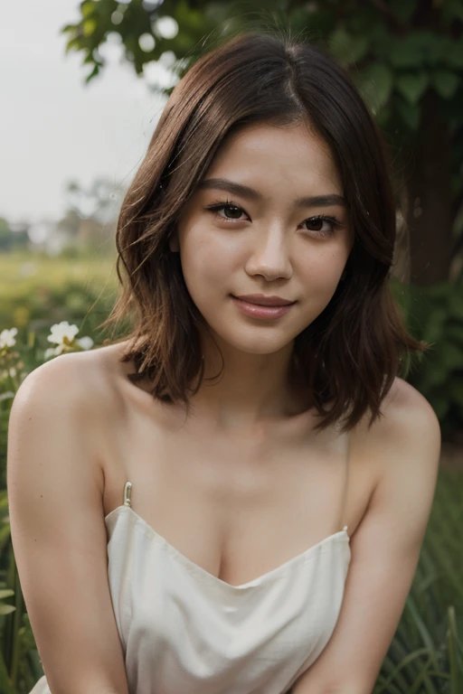 Korean woman in the grass is posing barefoot and has a white body short haircut se shoulders and a brownish white dress with short sleeves