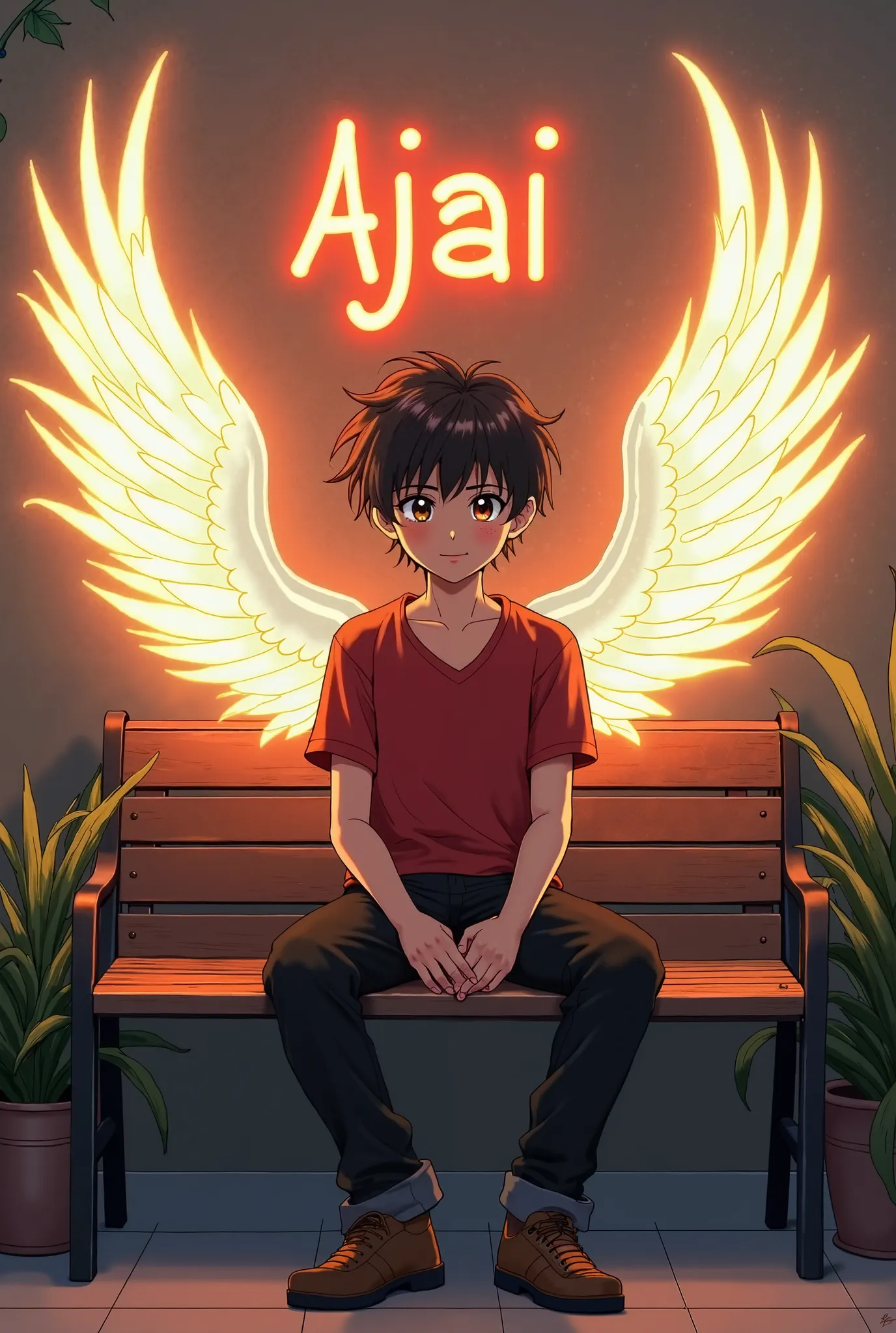 Beautiful anime boy sitting in a bench. A big wings with lighting in back side. Name "Ajai" was print in the wall of background. Red colour shirt and black colour pant. Near bench some plants. Colour full photo.