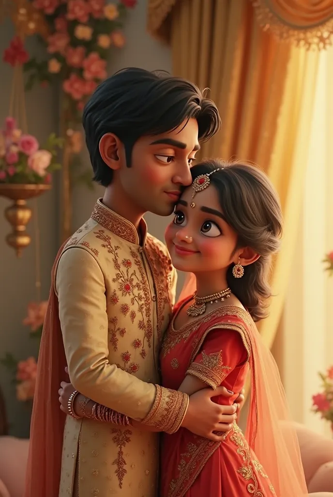 In cinematic 3d cartoon style "Arnav and Navya sharing a tender moment—he holds her close with one arm around her waist, while she leans into him with a shy but content smile. Their traditional Indian wedding attire still gleams in the soft glow of the roo...