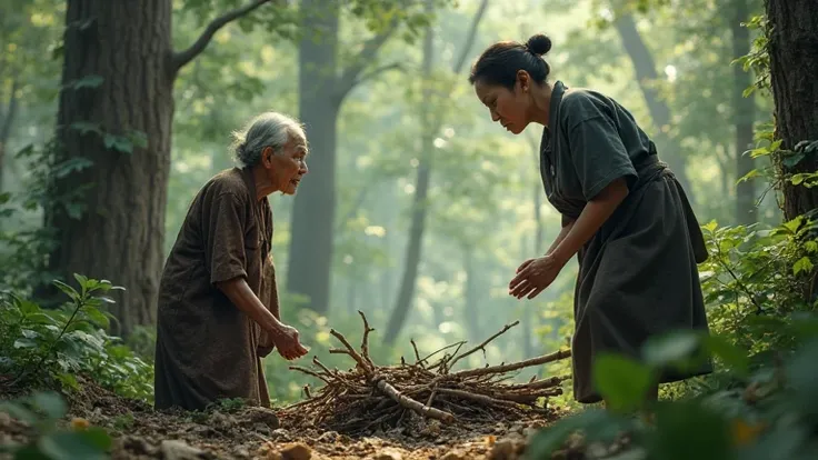 A beautiful  old Asian woman went with her stepmother looking for firewood in the forest while being scolded by a very real picture