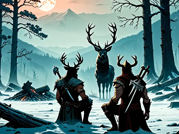 two warriors in elden ring style, one sitting by the campfire, the other approaching with a dead deer on his shoulder, a snowy mountain in the distance, and an ominous misty forest, dry trees, branches, ruins and graves in the background poses fix 