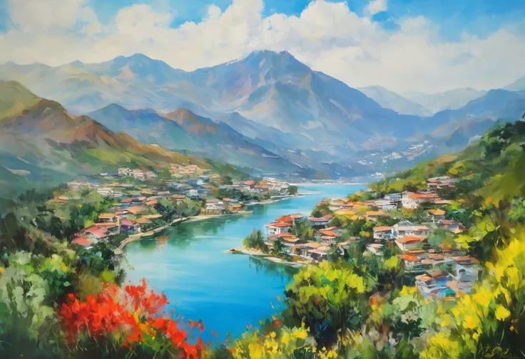 Mountain view、river、Paintings depicting houses, 滑らかなoil, by Soma Orlai Petrich, oil, oil - painting,  Oil painting,  lake side mountain 々,  Oil painting high angle view, Mountain landscape,  質感の高いoil , by Hermione Hammond , Marbella Scenery,  Oil painting ...