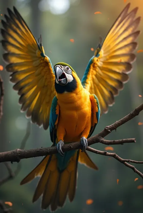 A parrot flew with its wings spread and landed on a tree branch. Its face was panicked because of the forest fire. Its mouth was open in fear. Its head looked to the left, looking up as if asking for help. Its eyes were panicked and scared. Its whole body ...