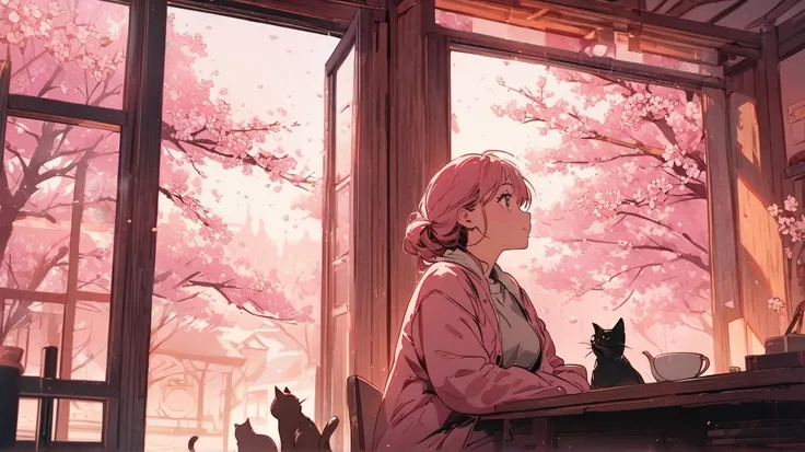 (masterpiece, Highest quality:1.2),  illustration style ,Woman sitting at desk,cat, Indoor Settings, View from the window, spring, green, Cherry blossoms blooming cherry blossom tree, petal, pink theme, sunlight,  looks up , Looking out the window,   Rusti...