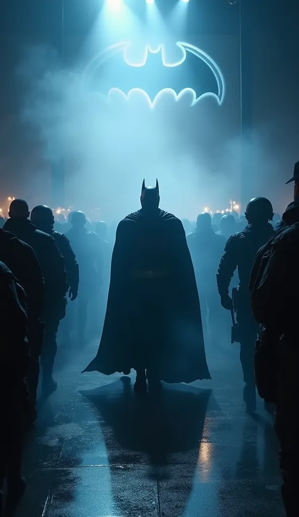 Batman makes a dark and mysterious entrance into the arena, surrounded by shadows. Fog covers the ground as he walks in with 3-4 bodyguards dressed in tactical gear. The dim lighting and occasional flashes of blue and white lights create an intense atmosph...