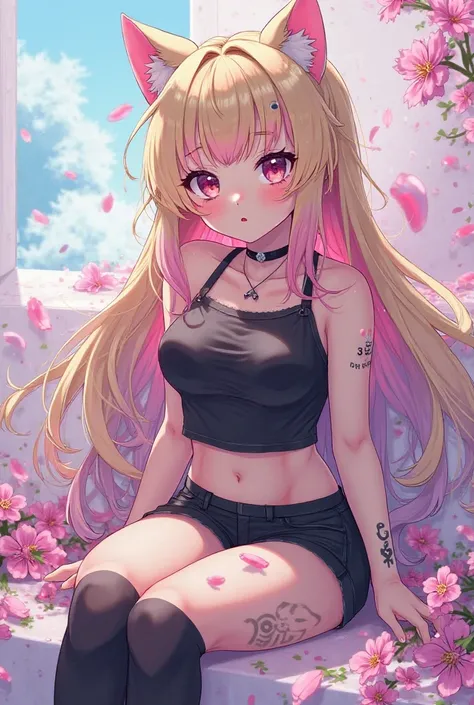 (High quality, 8k, 4K, high contrast, masterpiece: 1.2, high quality, best aesthetics), (dynamic angle), ((r)), (full shot), ((flat color)), (upper body black crop top), (black shorts), dreamy eyes, tall contrast, contrasting colors, pink flowers, ((blonde...