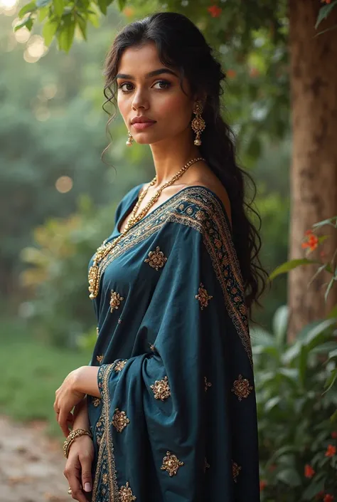 A 37 kg women of 5'6 height with 24cm waist wearing saree , mid length hair , mid sleeves blouse , dark blue saree, big nose and eyes