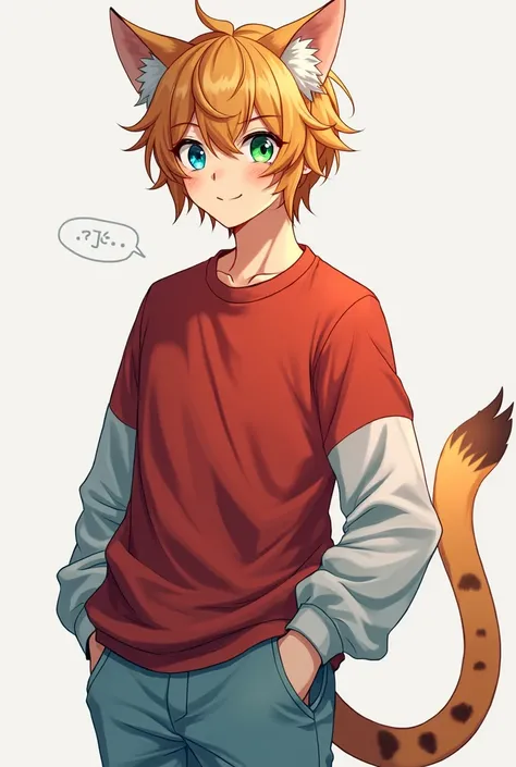 Young adult male, heterochromia right eye green, left eye blue, light orange hair, jaguar ears and tail, red sweatshirt white sleeves, light blue pants, anime style