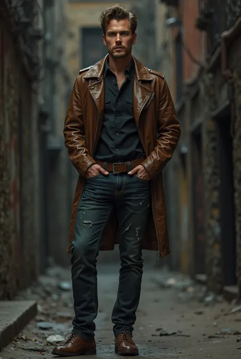 dark wash jeans, a black button-down shirt, and a brown leather jacket