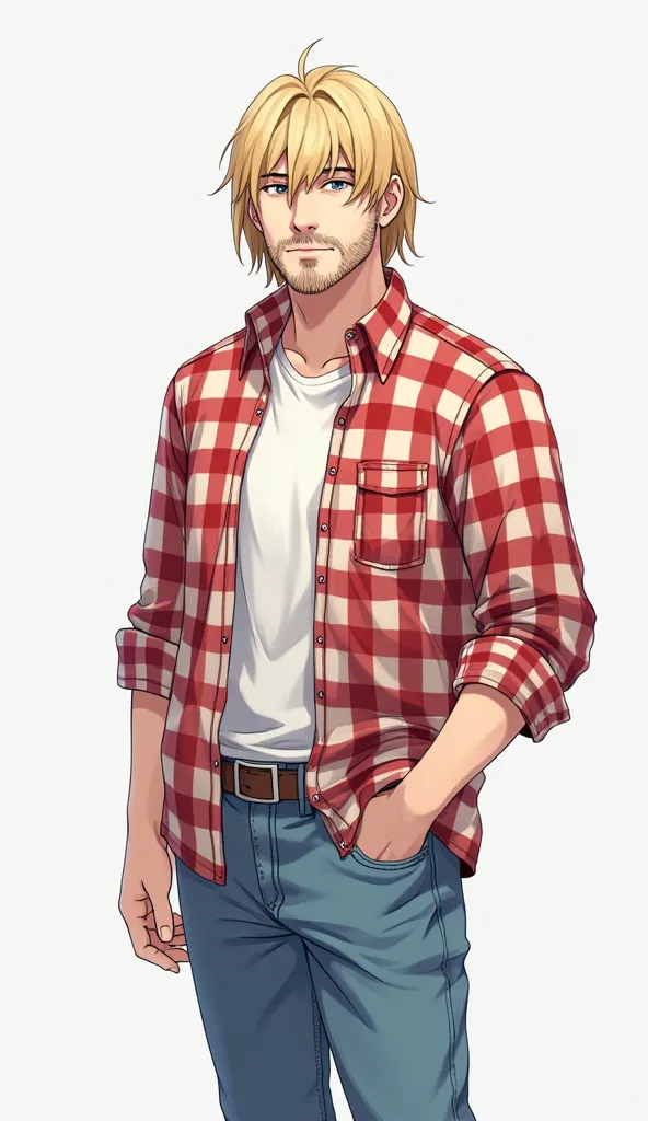 45 year old anime man wearing red checkered shirt and jeans . blond with a big face.  Shoulder hair. Small beard .  In a red checkered shirt and jeans. Metaverse space with white background.