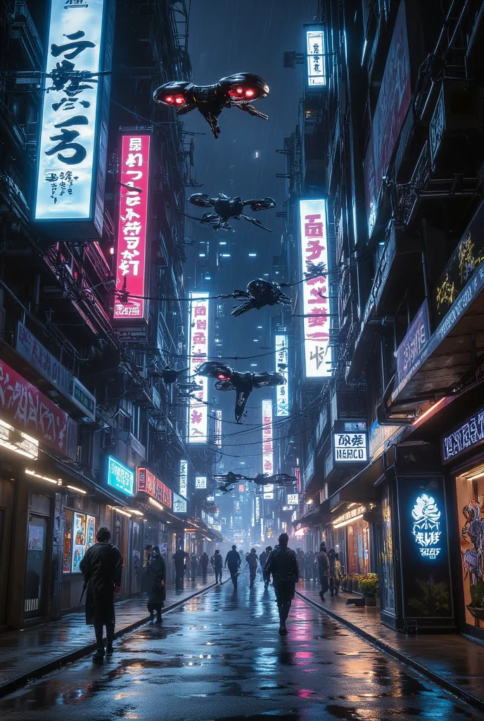 Create an illustration of the ultimate cyberpunk city, a futuristic metropolis glowing with neon lights. Towering skyscrapers dominate the skyline, their surfaces covered in vibrant holographic advertisements. The streets are bustling with pedestrians in h...