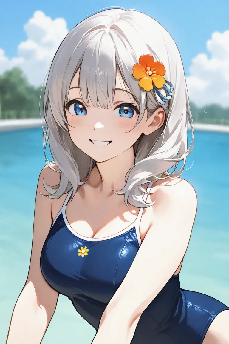 High quality texture, side angle,solo,one girl,Older sister, cute,  random expression,random hairstyles,Cute Swimsuits,smile,　MOVING POSE, random composition ,RANDOM SITUATIONS,summer,slightly larger breasts,hair ornaments close to the garden