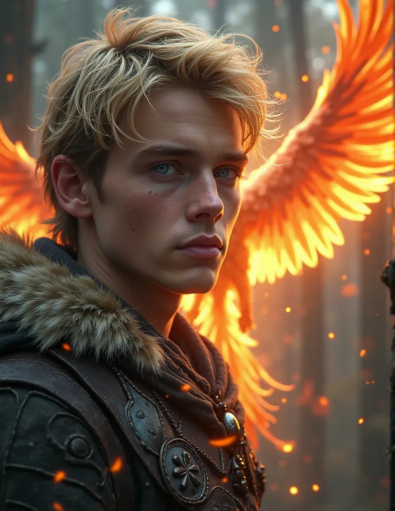 Create a handsome 20-year-old male warrior with blond hair and blue eyes next to a phoenix rising from the fire, against a background of mythical creatures, in the thicket of the forest , extremely realistic,  detailed,  Masterpiece  