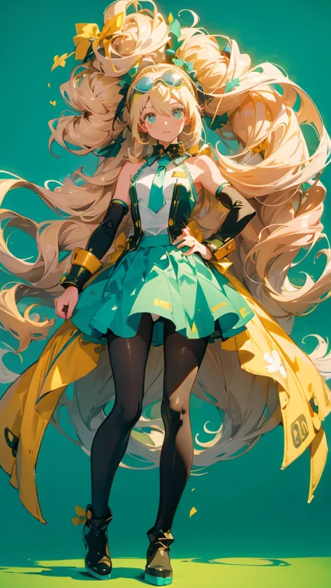  Hatsune Miku,Highest quality,  super fine, 16k, unbelievably absurd, very detailed, Beautiful pretty woman, shy, Big, bright eyes,  simple color background mini skirt,pantyhose,golden hair,Green clothes,big goggles on the head,long boots,JoJo's Bizarre Ad...