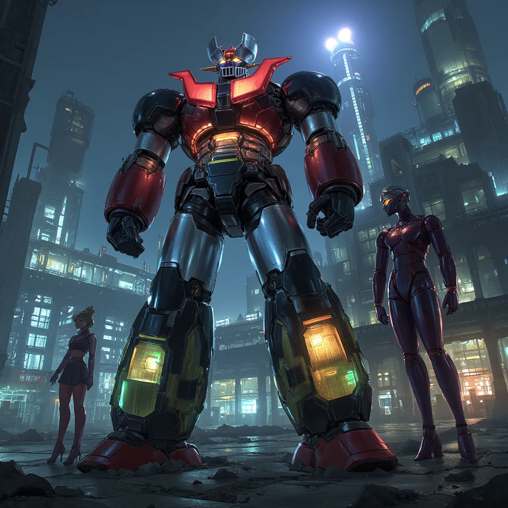   remodeled Mazinger Z  ,   is 100 meters tall .   steel  ,    Carbon Fiber   ,    Other industrial elements are also visible   ,   just like the real thing   ,    The top of a high-rise tower that emits high light is constructed with modern materials such...