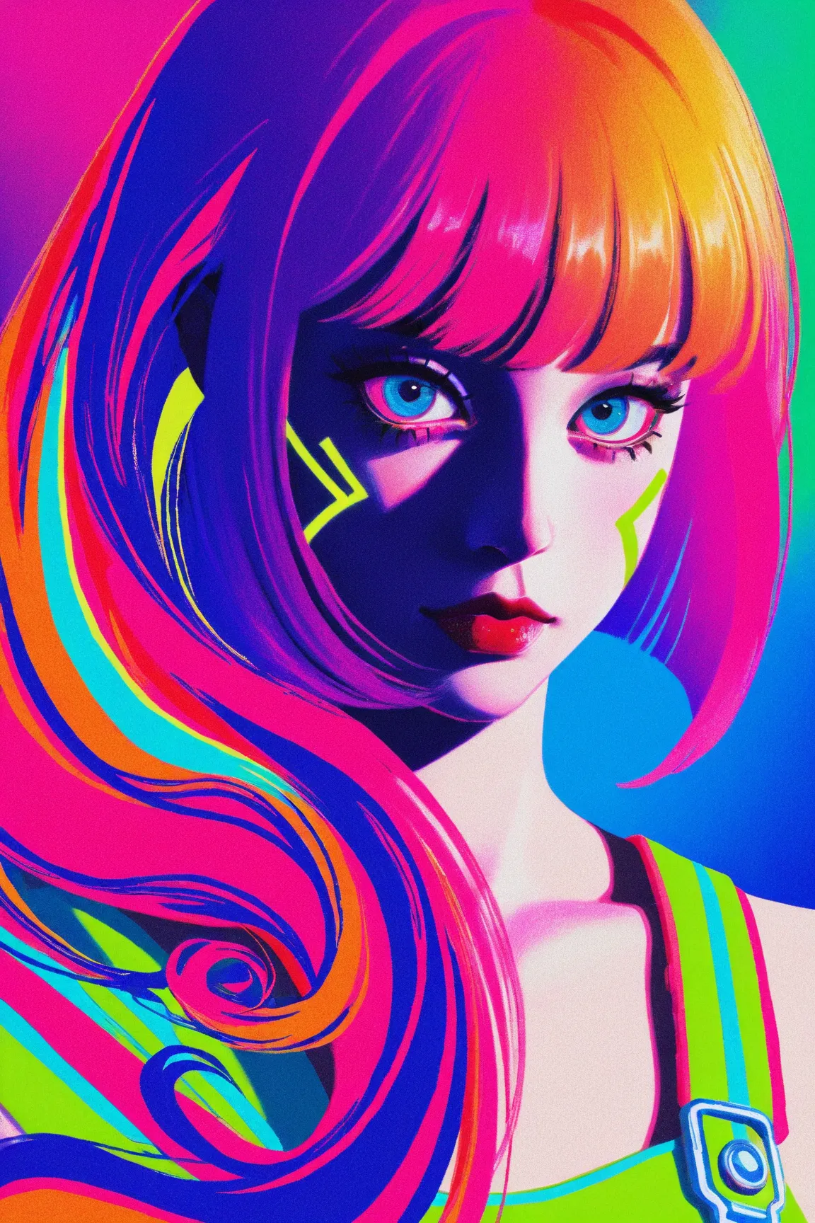 Expressionist artwork image of a kpop idol, portrait, korean woman, colorful, color splash, neon colors, make it weird and gallery worthy, psychedelic, 60s, trippy, robot girl, 