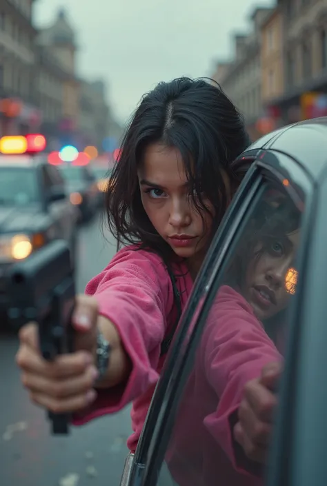 Create an super realistic image of a girl wore pink shirt taking gun in her hand (dont show her face and behind the car) shooting to police beyond the police cars. Image ratio 16:9