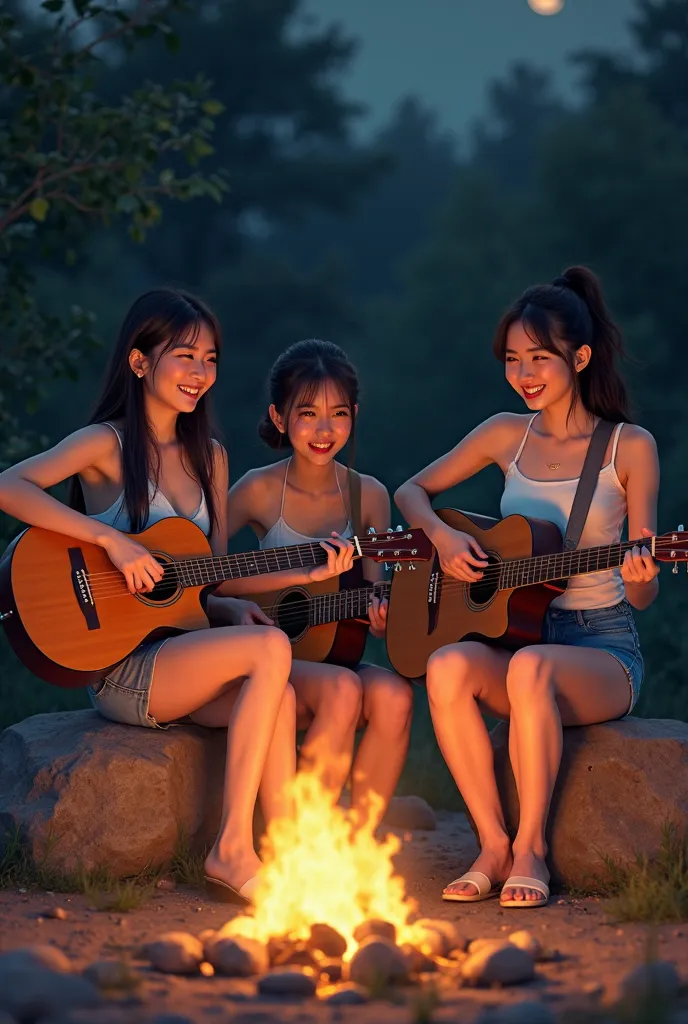 Prompt: "Three beautiful Asian women playing acoustic guitars in a nighttime outdoor setting. The first woman has long hair, wears a white spaghetti strap top and denim shorts, and sits on a rock, happily playing her acoustic guitar. The second woman has s...