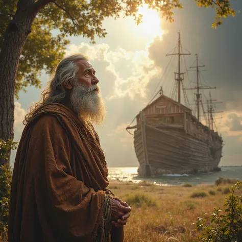 
"A biblical scene where God instructs Noah to build an ark. Noah, an elderly man with a long beard, wearing ancient robes, looks up with humility and devotion as a divine light shines upon him. The setting is a natural landscape with trees and open land, ...