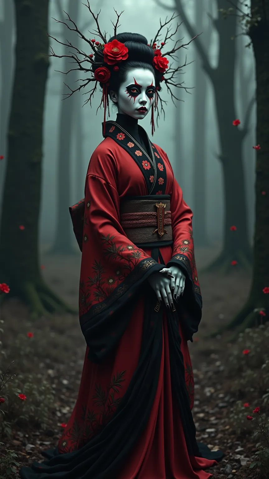 A hauntingly beautiful figure in a dark, misty forest, dressed in an intricate red and black kimono adorned with floral patterns. The character has pale, ghostly skin with striking, eerie makeup featuring black and red accents around the eyes and mouth, re...