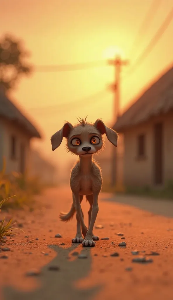 "A 3D Pixar-style image of a thin, starving stray dog with sad eyes, walking slowly on a dusty village road. The dog's ribs are slightly visible, and its fur is unkempt. The background shows a few small village houses with thatched roofs, and the setting s...