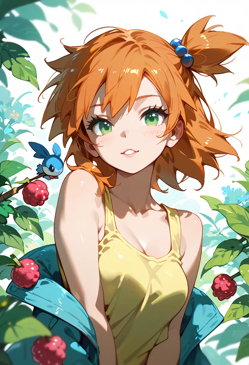 Character Misty_pokemon, Berry Short, Orange Hair, one side up hair, Big green eyes,
