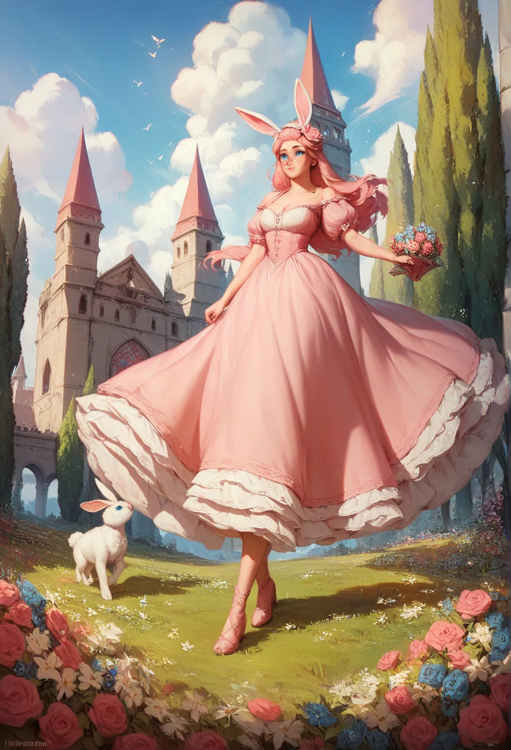 16k, massive Details, (())), one Girl with fair white skin , white really long hair , crystal blue eyes , freckles over the nose , walking like a princess , pink princess dress , white bunny ears on head , flower field , medieval tower in background with f...