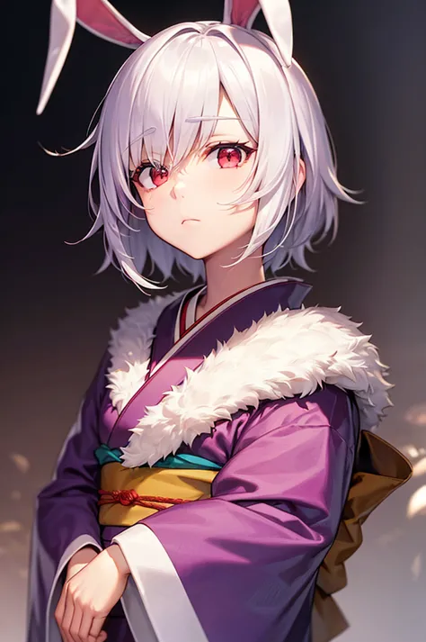 1 man, mature, short hair, white realistic bunny ears, light lilac hair, messy hair, red eyes, looking at camera, weaing kimono, neutral face, sad, white background