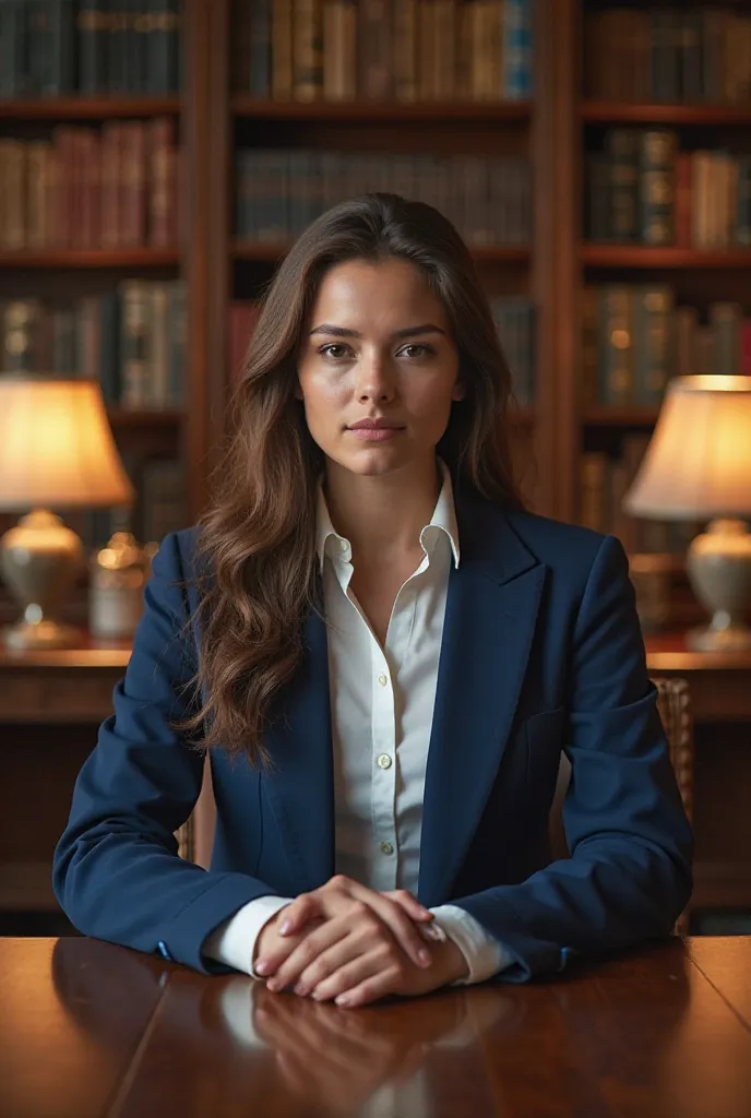 "A young woman sitting in a library at a wooden desk, dressed in a formal blue blazer over a white shirt. Her posture is upright, and her hands are gently folded on the table. The background consists of bookshelves filled with books, and there are elegant ...