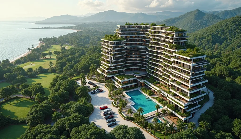 Drone View - Photo of a luxurious 5-star high-tech luxury hotel 15 stories high. The hotel is designed in a modern eco-friendly style. The LUXURY hotel is located amidst a park-like forest area. In the distance you can see the sea coast.  Next to the hotel...