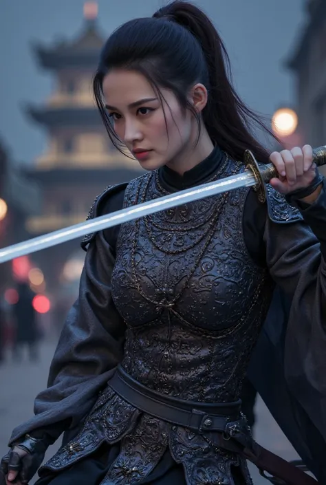 A battle scene in which a female ninja lands、Place one hand on the floor and hold the wuxia long sword horizontally in front of your face.、Intricate chain mail that fits the body perfectly、sexy， Serious Eyes、Low fighting stance、surrounded by the emperor en...