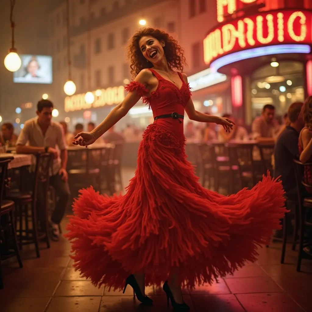 A whimsical retouched image of a woman walking,  cute, joyeuse et folle, she dances the French Cancan in a Parisian cabaret the Moulin Rouge. Pose dynamique. Robe longue à froufrous.