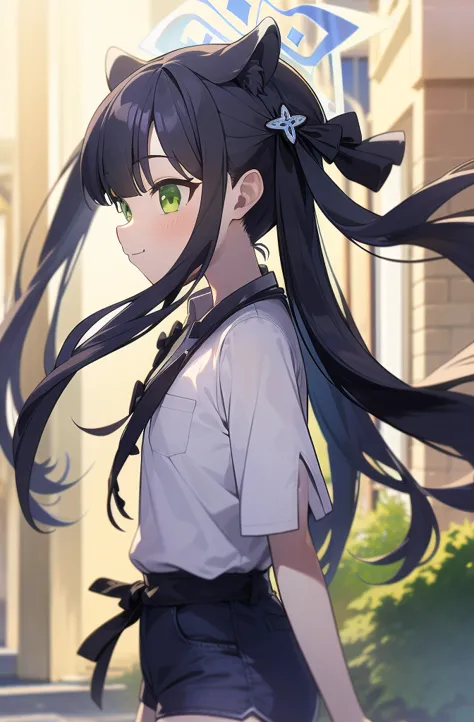 1girl, solo, (masterpiece, best quality), outdoors, street, shun, green eyes, black hair, bangs, twintails, hair bow, hair ornament, animal ears, halo, flat chest, denim shorts, white shirt, wide sleeves, from side