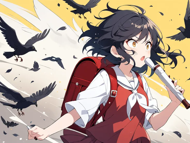 1girl,anime style,school uniform\(red pleated skirt, white blouse, red vest, red randoseru backpack\),playing recorder,black shoes,white knee socks,short black hair\(spiky,slightly messy,blowing wildly in strong wind\),big expressive eyes,determined expres...