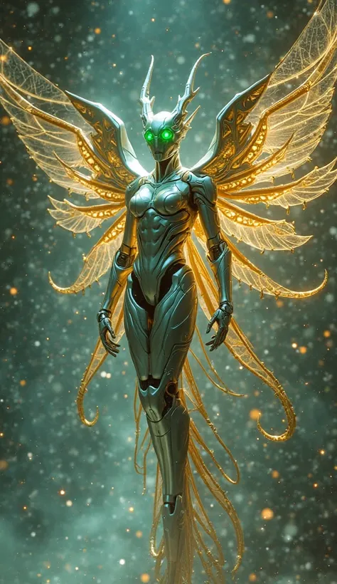 "An ethereal, humanoid AI-beast blending divine precision and technological perfection. Its sleek, metallic wings extend like golden blades, slicing through the air with mathematical accuracy. Every movement is flawless, guided by unseen celestial algorith...