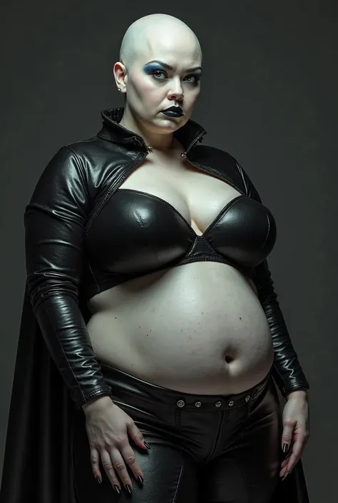 Fat Female cenobite, pale skin, blue eyes, black lips, black tight leather top long sleevesBlack leather-like material with a gothic style, long black gown black leather tight, high cheek bones, 4 Thin sharp metal pins pinned inside her belly button like p...