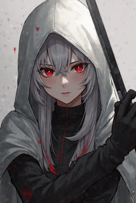 hood up, (White-hood), 1girl, 18 years old, cool, (long-white-hair), (black-clothes), red hairpin, black gloves Red eyes, distinct line, 8k, wield knife, (black-knife), scowl at, return blood, dusky blood