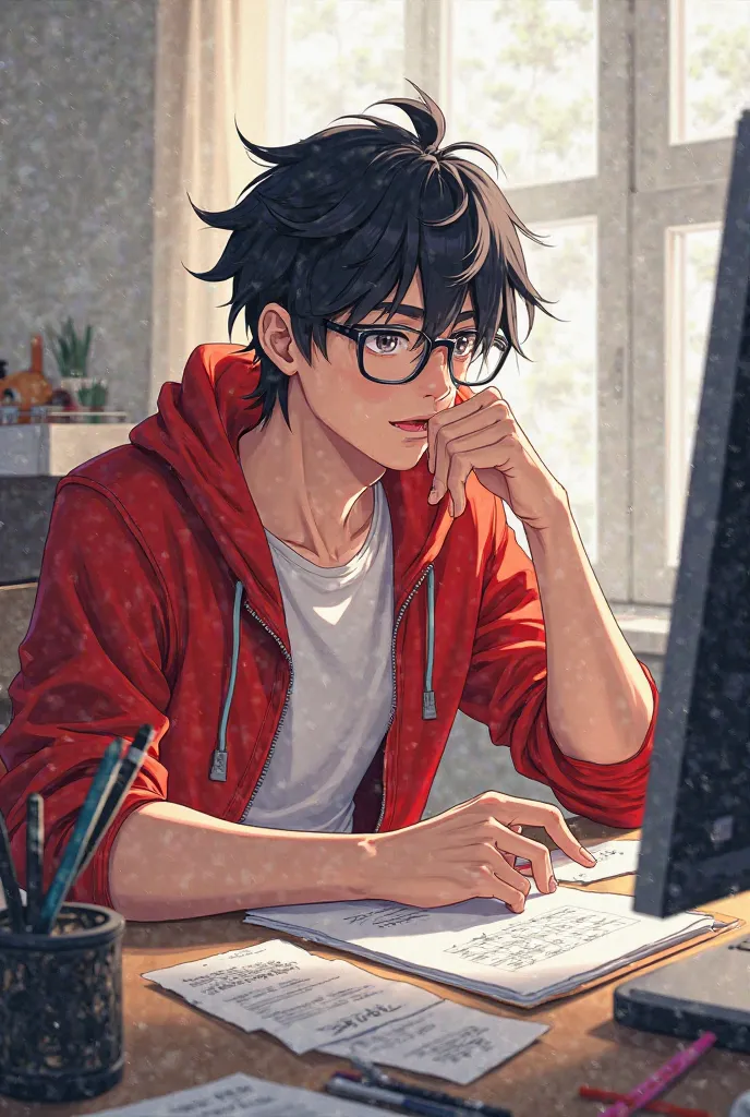 A man sitting at his desk is wearing red and white clothes, has black hair, and his visual type is anime and is around , and is making various expressions.