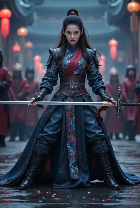 A battle scene in which a female ninja lands、Place one hand on the floor and hold the wuxia long sword horizontally in front of your face.、Intricate chain mail that fits the body perfectly、sexy， Serious Eyes、Low fighting stance、surrounded by the emperor en...