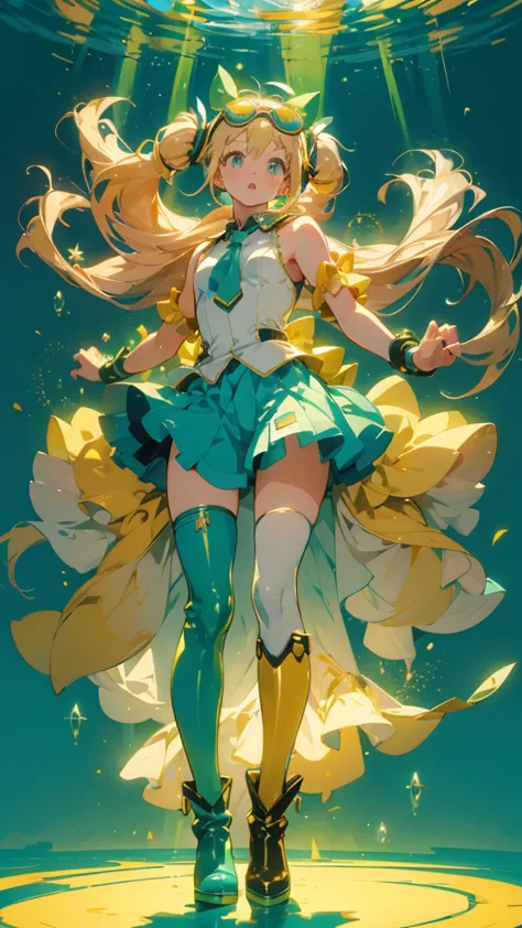  Hatsune Miku,Highest quality,  super fine, 16k, unbelievably absurd, very detailed, Beautiful pretty woman, shy, Big, bright eyes,  simple color background mini skirt,pantyhose,golden hair,Green clothes,big goggles on the head,long boots,JoJo's Bizarre Ad...