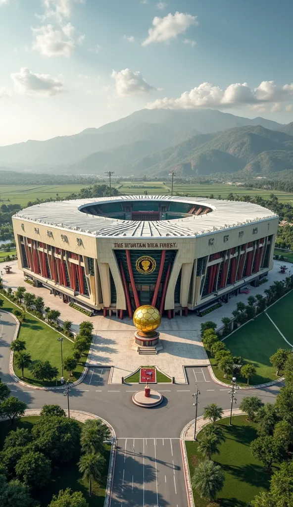 Large magnificent football STADIUM covered in modern marble colored CREAM,green,RED and the roof of the wall is BLACK,white and his building resembles a tiger and Garuda is rectangular and it says BANYUMAS and there is a Ball monument in front of the stadi...