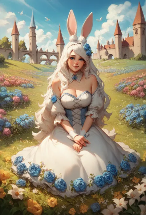 16k, massive Details, (())), one Girl with fair white skin , white hair , really long hair , crystal blue eyes , freckles over the nose , cute princess dress , white bunny ears on head , flower field , medieval tower in background with flowers , sitting in...