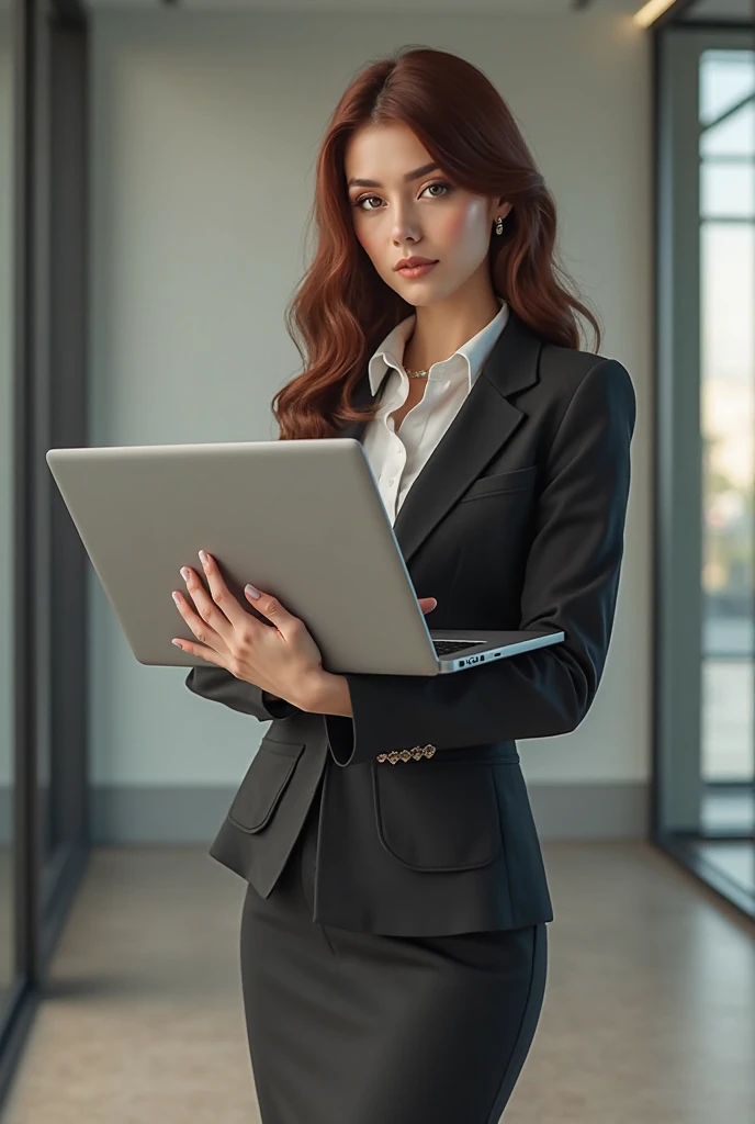 Classically dressed woman who works in office has a laptop on the side of the neck without tie 