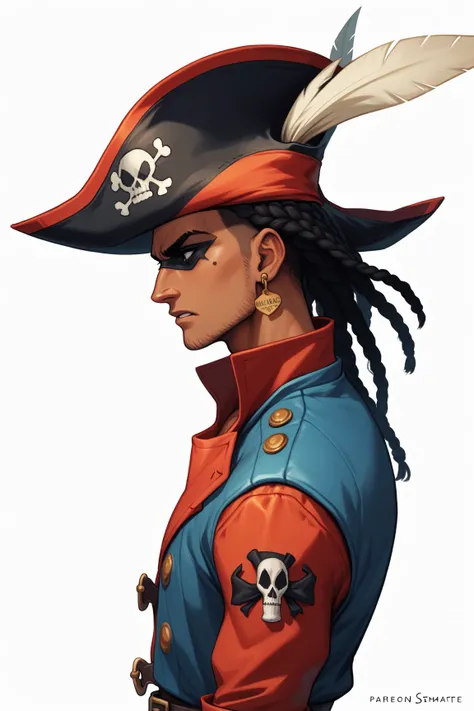 solo, male, slicked back black hair, pirate hat, Pirate Crewmate, Swashbuckler, (view from side), dark skin tone, Rugged, simple white background, 