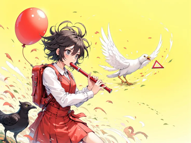 A young girl in anime style illustration, wearing a school uniform with a red pleated skirt, white blouse, red vest, and a red randoseru backpack, is playing a recorder while being buffeted by an extremely strong wind. Her short, slightly messy black hair ...